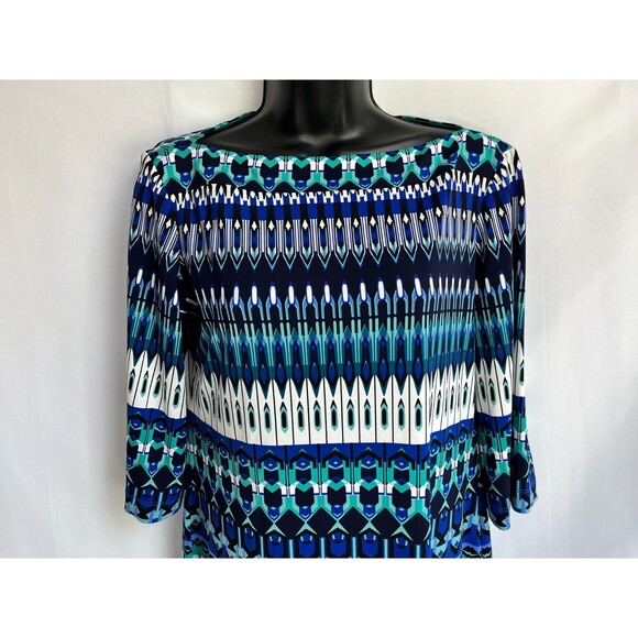Donna Morgan Abstract Blue Dress Size 8 Geometric Artsy Multicolor 3/4 Sleeve - Picture 5 of 10